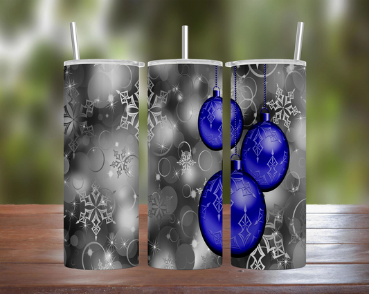 Silver Snow & Blue Ornaments Tumbler