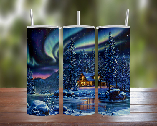 Winter Log Cabin with Aurora Borealis Tumbler