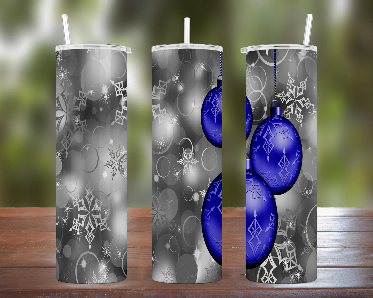 Silver Snow & Blue Ornaments Tumbler