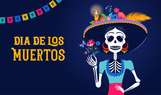 Dia de los muertos, Day of the dead, Mexican holiday, festival. Woman skull with make up of Catarina with flowers crown. Poster, banner and card template with sugar skull. Vector illustration